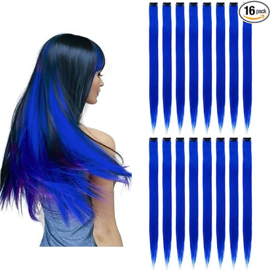 16Pcs Blue Clip in Colored Hair Extensions 22inch Long Straight Party Highlights Colorful Hair Extension One Color Clip on Hairpieces for Women Girls