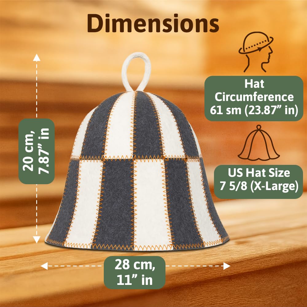 ASKOLD Wool Sauna Hat Checkered - Wool Banya Hat Sauna Cap for Men - Sauna Cap for Women to Protect Hair Grey and White