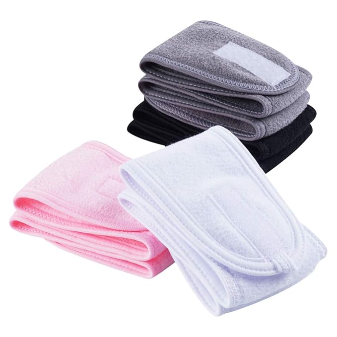 4 PCS Facial Spa Headbands(White, Black, Pink，Gray)， Makeup Shower Bath Wrap Sport Headband Terry Cloth Stretch Towel with Magic Tape