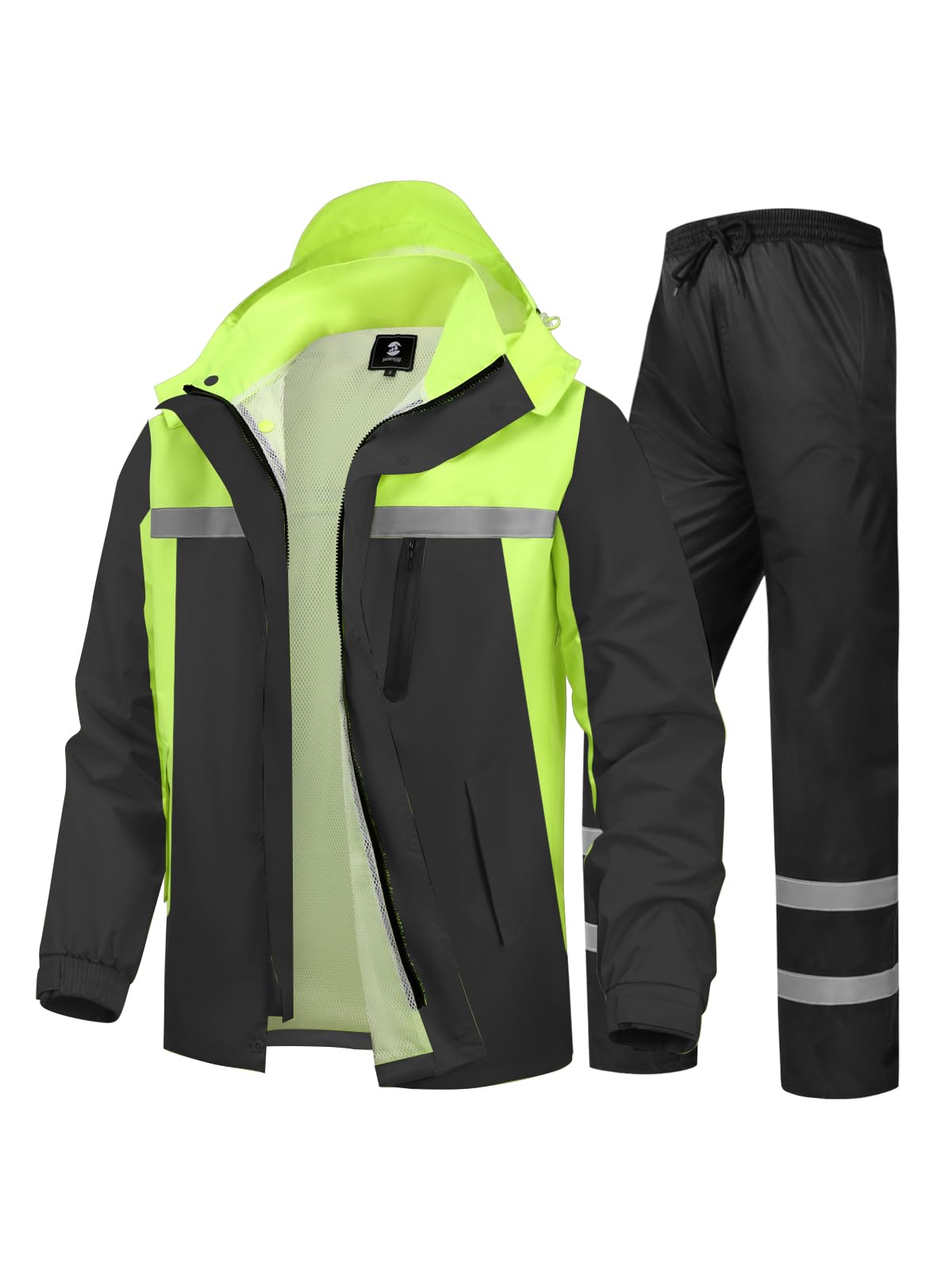 SaphiRose Men's Rain Suit High Visibility Reflective Work Rain Jacket Pants for All Sport Farm Fishing Motorcycle (Black/Green,XX-Large)