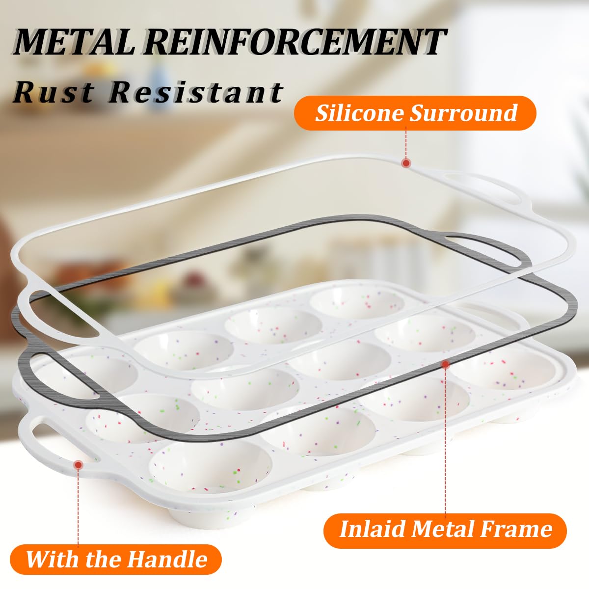Silicone Muffin Pan, with Metal Reinforced Frame 2.8 Inch Regular Size Silicone Cupcake Pan Nonstick 12 Cups for Baking Homemade Muffins, Cupcakes, Egg Bites 2 Pack Dishwasher Safe BPA Free