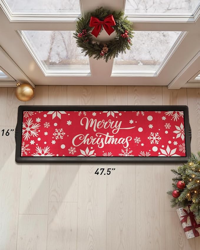 Christmas Boot Tray Mat - Heavy Duty Snow & Water Catch Tray, Waterproof Rubber Shoe Mat with Lip for Entryway, Indoor & Outdoor Holiday Decor Storage (16"x48")