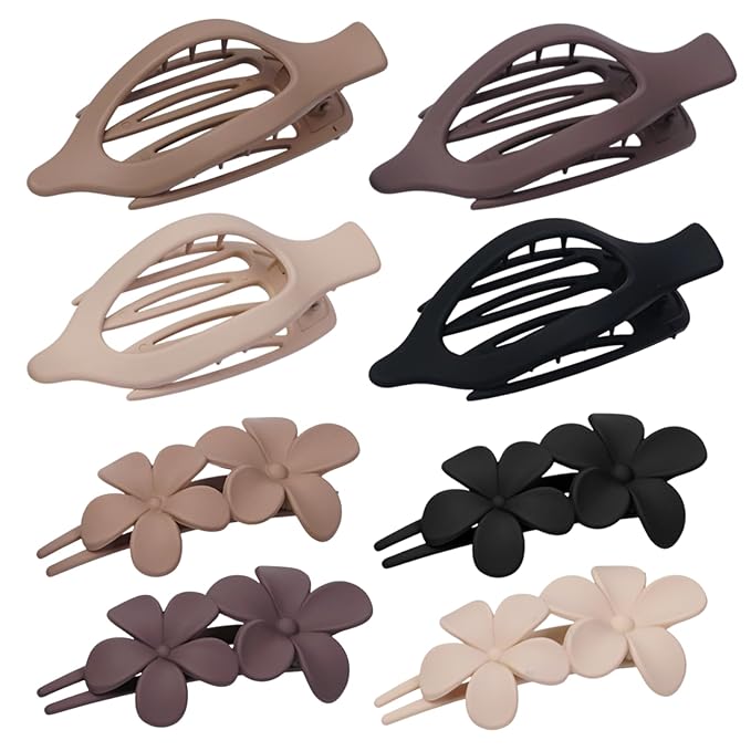 8 Pack Flat Hair Clips for Women – Matte Neutral Claw Clips & Flower Hair Pins Barrettes Set in Black, Blonde,Light Brown & Dark Brown for Thick & Thin Hair