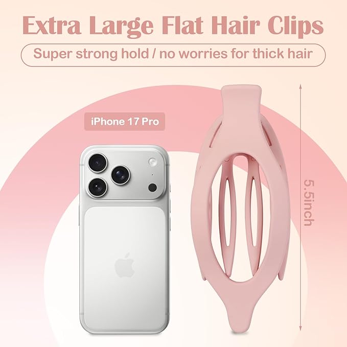 5.5 Inches Extra Large Flat Hair Clips for Women, 4 Pack XL Big Claw Clips for Thick Hair, Oversized Matte Strong Hold Non-slip Flat Claws, Pink