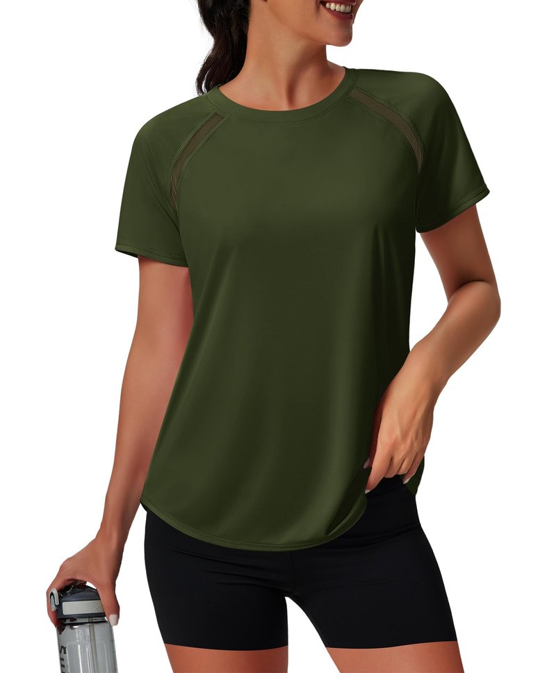 NIASHOT Rash Guard for Women Short Sleeve Uv Protection Shirts Running Moisture Wicking Summer Tops Fitness Yoga Gym Clothes Army Green XL
