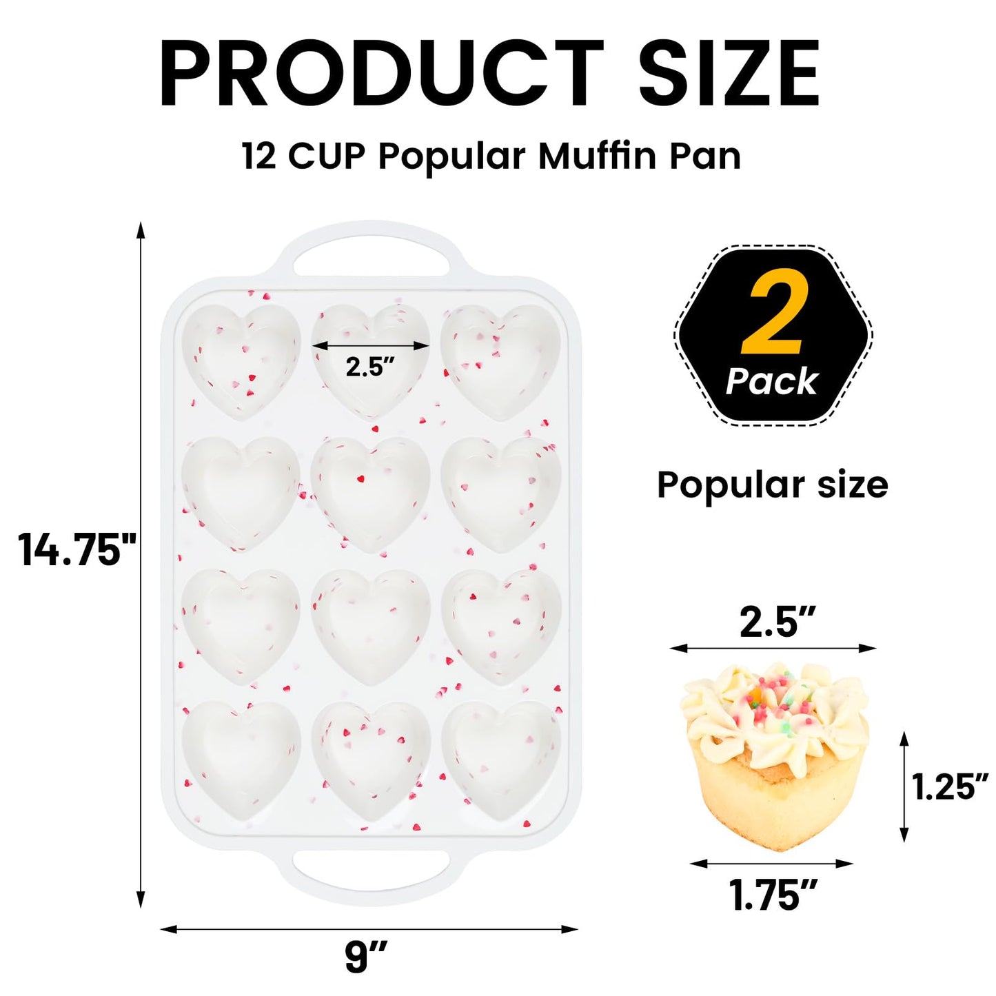 Vinino Silicone Heart Shaped Muffin Pan with Metal Reinforced Frame, 2 Pack Cupcake Pan, Silicone Heart Mold for Baking, Chocolate Bar and Egg Bites, Dishwasher Safe