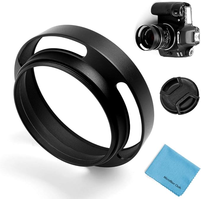 52mm Hollow Lens Hood Universal Metal Hollow Vented Tilted Curved Lens Hood Sunshade with Centre Pinch Lens Cap for Leica Canon Nikon Sony Pentax Olympus Fuji Camera + Microfiber Cleaning Cloth