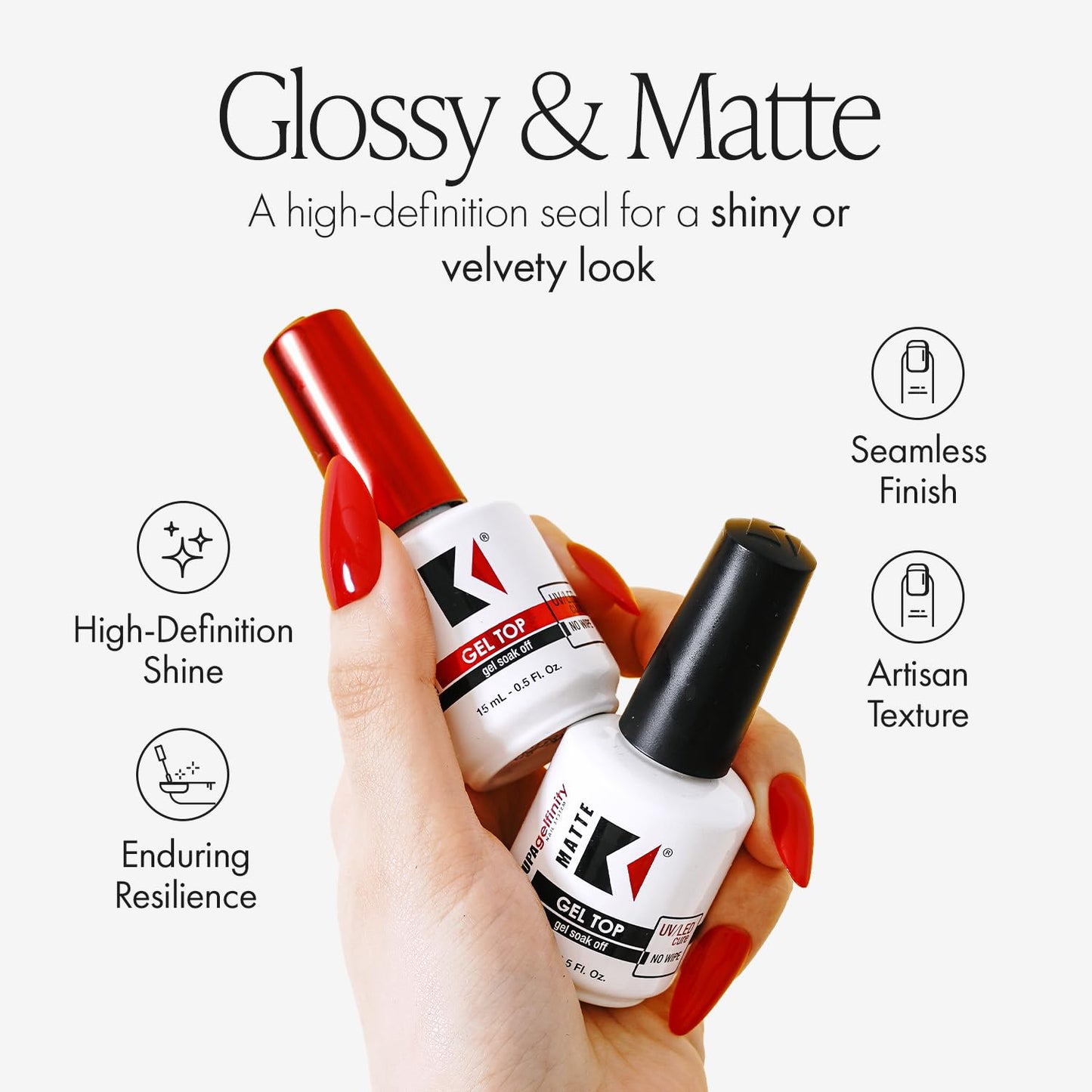 KUPA Gelfinity Gloss & Matte Top Coat, No-Wipe, Long Lasting Soak Off Gel Formula, Chip-Resistant, UV/LED Gel Polish, 0.5 Fl Oz (Pack of 2)