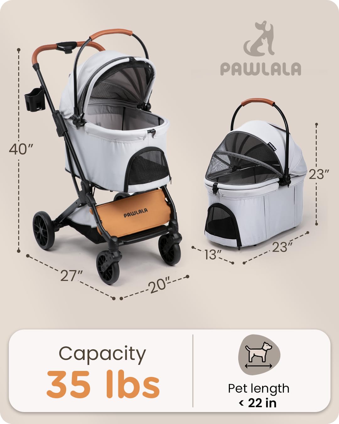 PAWLALA Pet Stroller with Detachable Carrier for Small & Medium Dogs & Cats, Smooth Comfort Ride with Shock-Absorbing Suspension, Foldable Dog Stroller, Compact Storage (Cloud Gray)