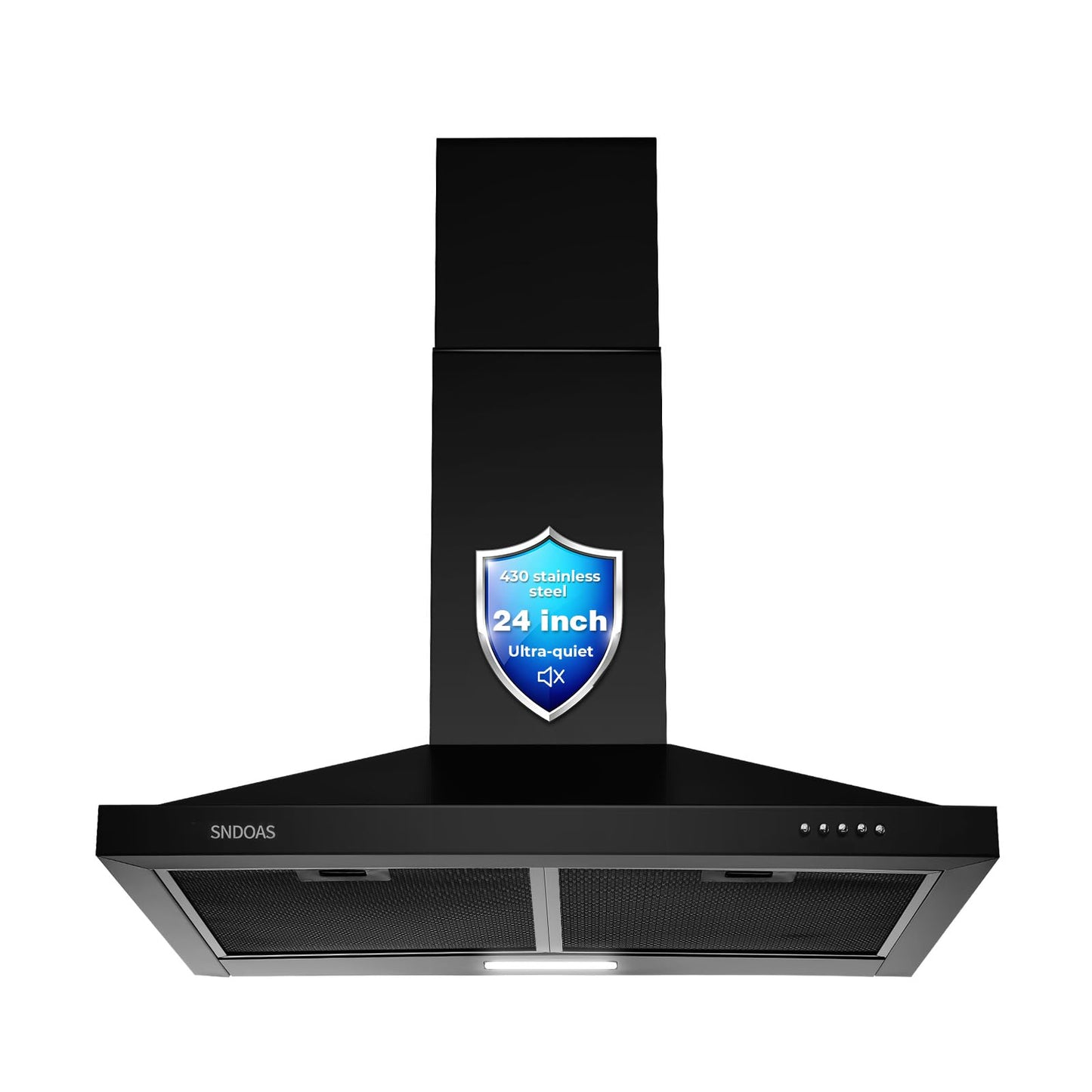 SNDOAS 24 inch Range Hood Black,Stainless Steel Chimney-Style Kitchen Hood, Ductless Stove Hood Vent with Energy Saving LED Light,Wall Mount Vent Hood, Push Button 3-Speed Exhaust Fan