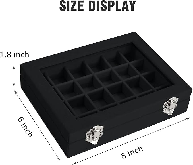 Velvet Jewelry Box 24 Grid Jewelry Ring Display Organiser Box Tray Holder Earrings Storage Case for Girls Wife Mom Women (Black)