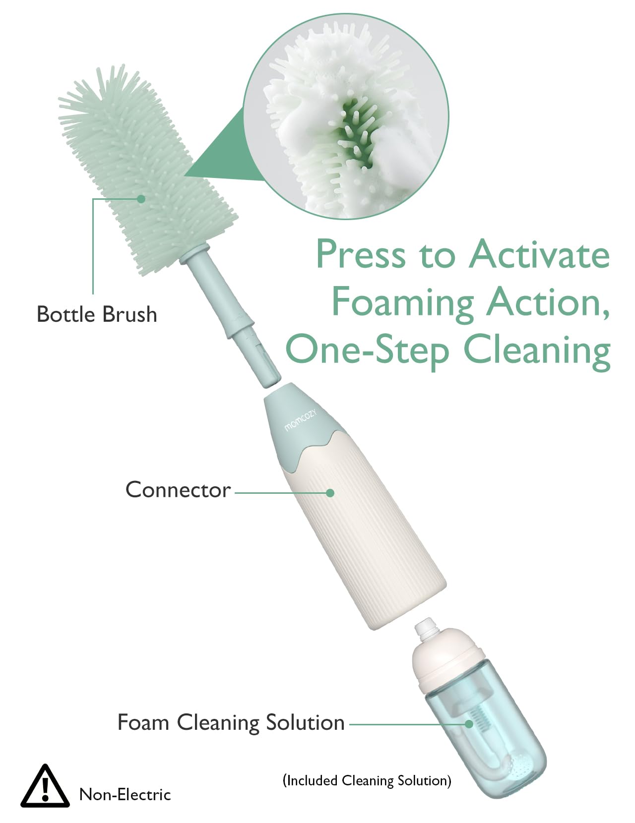 Momcozy Bottle Brush Kit with Push-Press Foam Design - Newborn Essentials Gift, Portable Cleaning Tool for Home & Travel, Baby Bottle Cleaner Brush for Breast Pumps & Nipples, Green