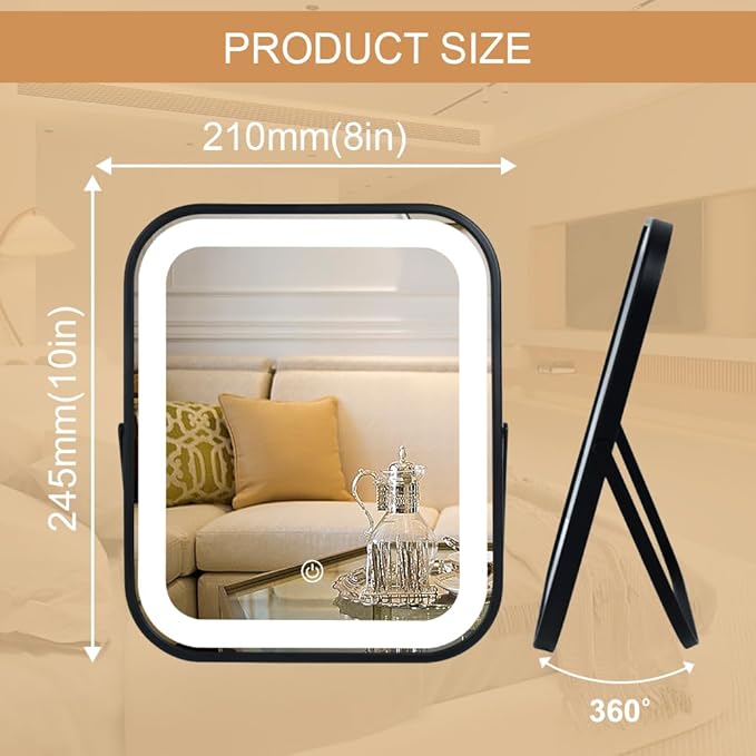YEKKOPT Lighted Vanity Mirror, Rechargeable Travel Makeup Mirror with Lights, 10''x8'' Desk Mirror with Lights,Make up Mirror with Lighting for Makeup Desk Ã¯Â¼Â Dressing Room