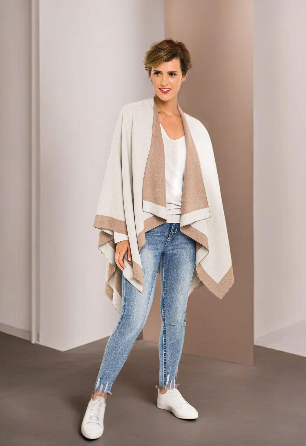 Women's Shawl Wrap Poncho Ruana Cape Cardigan Sweater Open Front for Travel Flight Cruises (PC01-15)
