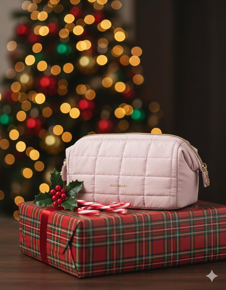 BAGSMART Birthday Gifts Personalized Initial Makeup Bag, Trendy Stuff Gifts for Women Bridesmaid Graduation, Puffy Padded Make Up Bags for Women, Wide-open Toiletry Bag, Pink M