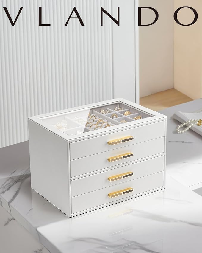 Vlando Jewelry Box for Women, Glass Lid Jewelry Organizer with 4 Drawers for Necklaces Rings Earrings Bracelets Christmas Gift - White