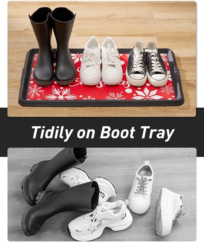 Christmas Boot Tray Mat - Heavy Duty Snow & Water Catch Tray, Waterproof Rubber Shoe Mat with Lip for Entryway, Indoor & Outdoor Holiday Decor Storage (16"x27.5")