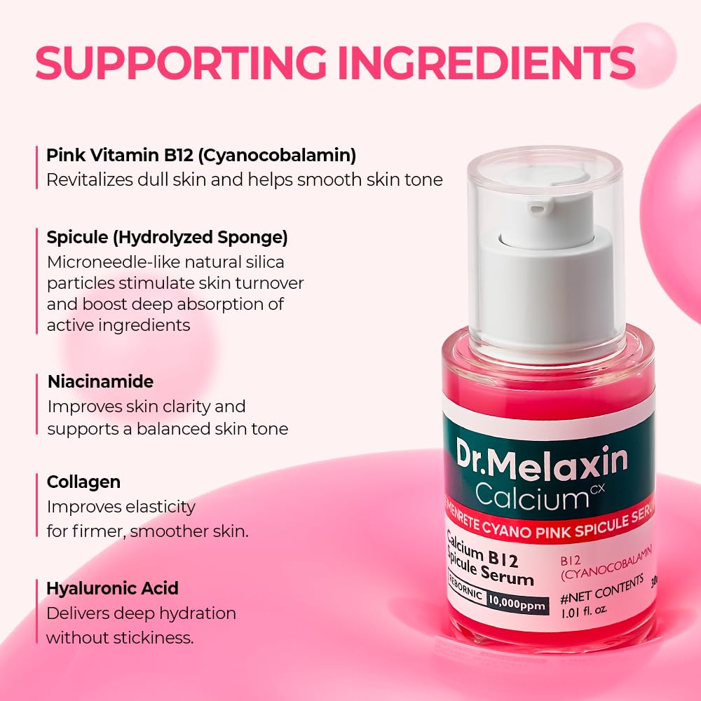 Dr.Melaxin Cyano Pink Spicule Serum with Vitamin B12, Liquid Microneedle Facial Treatment for Enlarged Pores, Niacinamide for Texture Refining & Renewal, 1.01 fl.oz