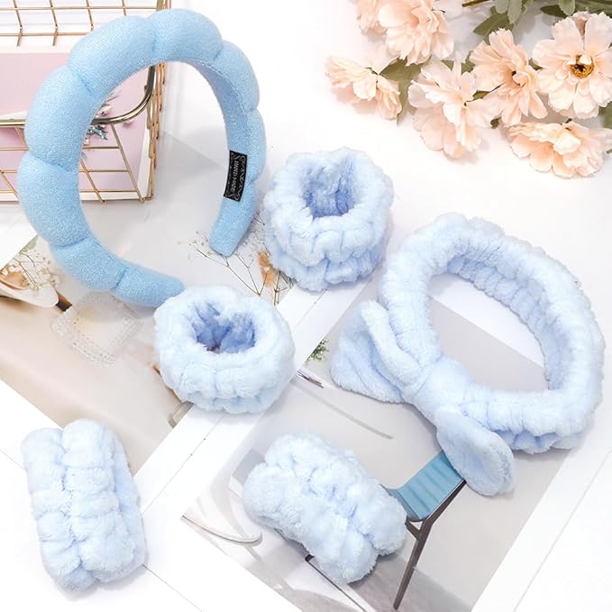 AOPRIE SPA Headbands for Washing Face Makeup Headbands with Bow Hair Band Women Facial Head Band Wrist Towel Wraps Venus Shower Face Mask Blue, 6 Pack