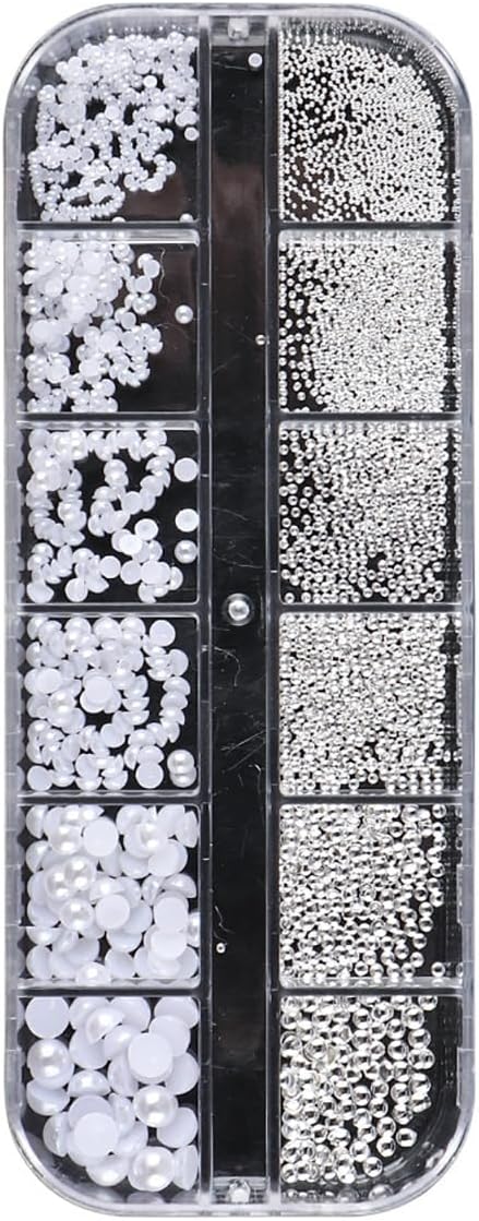 12Grids 3D Mixed White Pearls Nail Charms 0.15-0.5mm Semicircle Pearl Beads Nails Art Decorations White Nail Pearls for DIY Tool Nail Studs Accessories Pearl Nail Charms Mini Small Nail Beads (White)