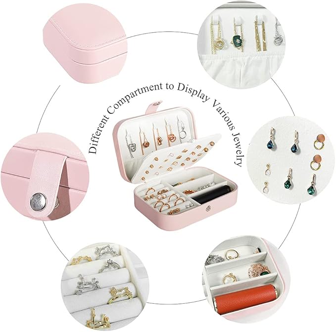Hatori Travel Jewelry Box, PU Leather Small Jewelry Organizer for Women Girls, Portable Mini Travel Case Display Storage Holder Boxes for Stud Earrings, Rings, Necklaces, Bracelets (Pink)
