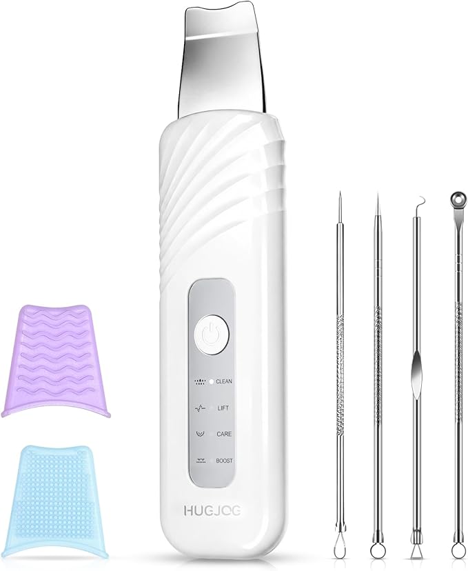 Blackhead Remover Tools, Face Scrubber Skin Spatula for Facial Cleansing, 4 Modes Pore Cleaner with 304 Stainless Steel Blade, Type-C Rechargeable, Silicone Face Brush, 4 Needles, PP Box