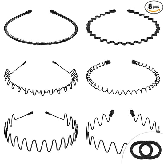 WantGor Metal Headbands, 6 Packs Fashion Unisex Black Hairband Spring Wave Non Slip Sports Headwear Hair Hoop Hair Accessories (8 Pack)
