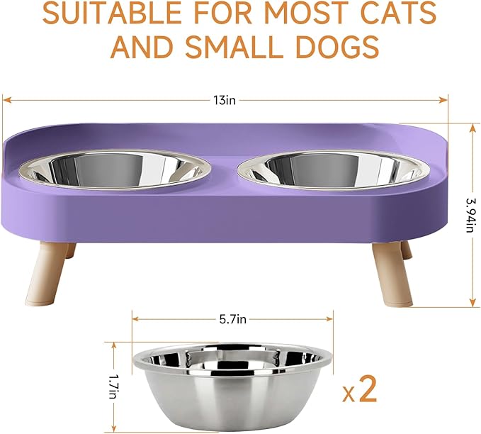 Elevated Cat Bowl, Raised Cat Food and Water Bowl Set for Indoor Cats, Splash Proof with 3 Stainless Steel Pet Food Bowls for Cats and Puppies, Whisker Fatigue and Dishwasher Safe - Purple