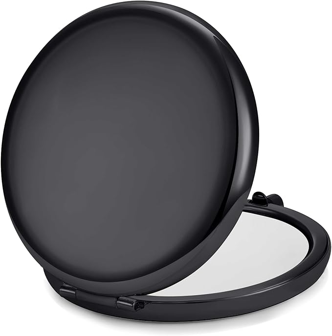 Compact Mirror for Purse, Metal Round Shell, Double-Sided 1X/2X Magnifying, Portable Travel Makeup Mirror, Mini Pocket Mirror, Black, 1 Pack