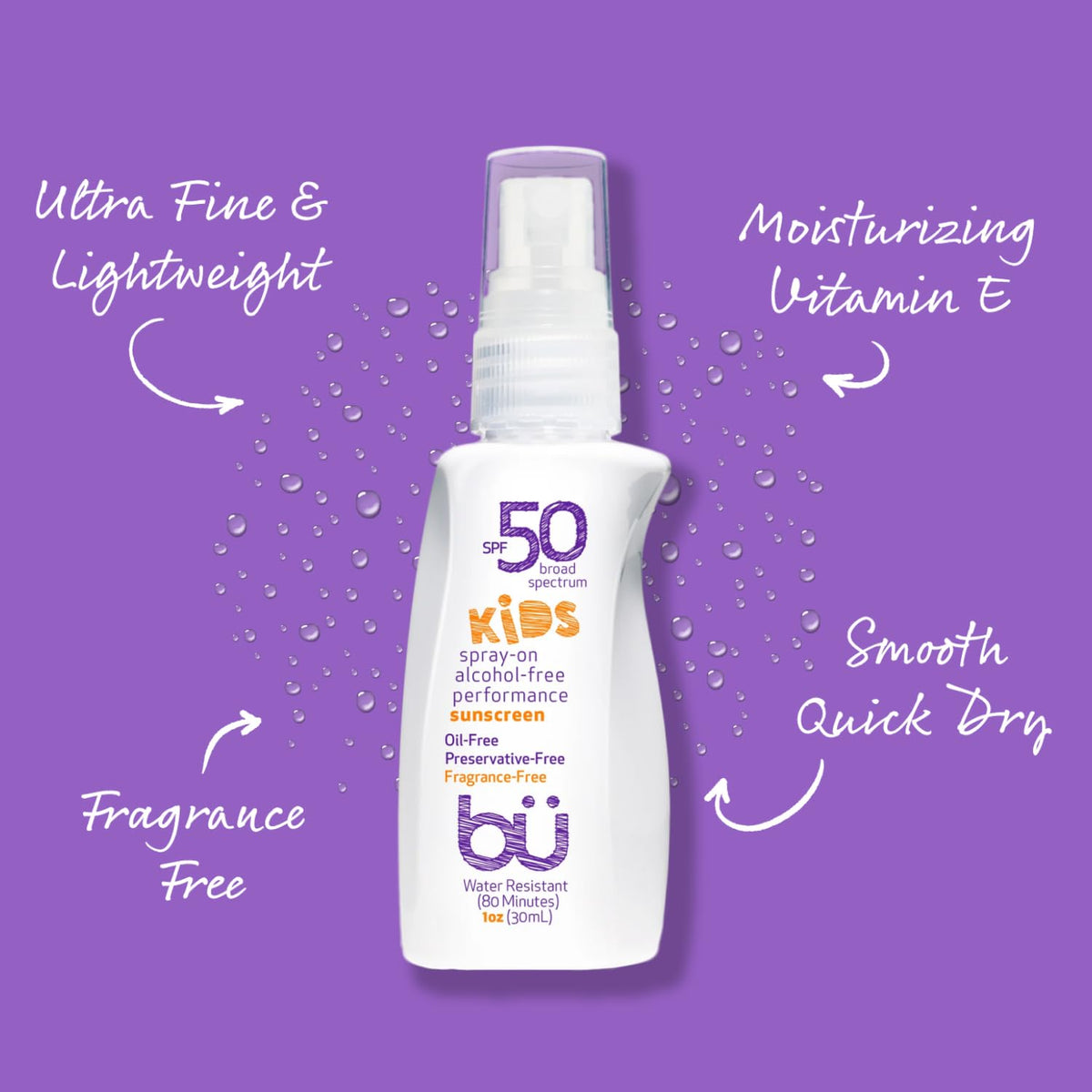 BU SPF 50 Fragrance Free Kids Sunscreen Spray for Face and Body, TSA Travel Size Sunscreen, Clear Non Aeorsol Spray, Non Greasy, Water Resistant and Oil Free, 1 oz (4-pack)