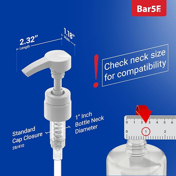 Bar5F 1-Liter Pumps for Shampoo and Conditioner Bottles for 33.8-Ounce Professional Salon Brands (White & Black)