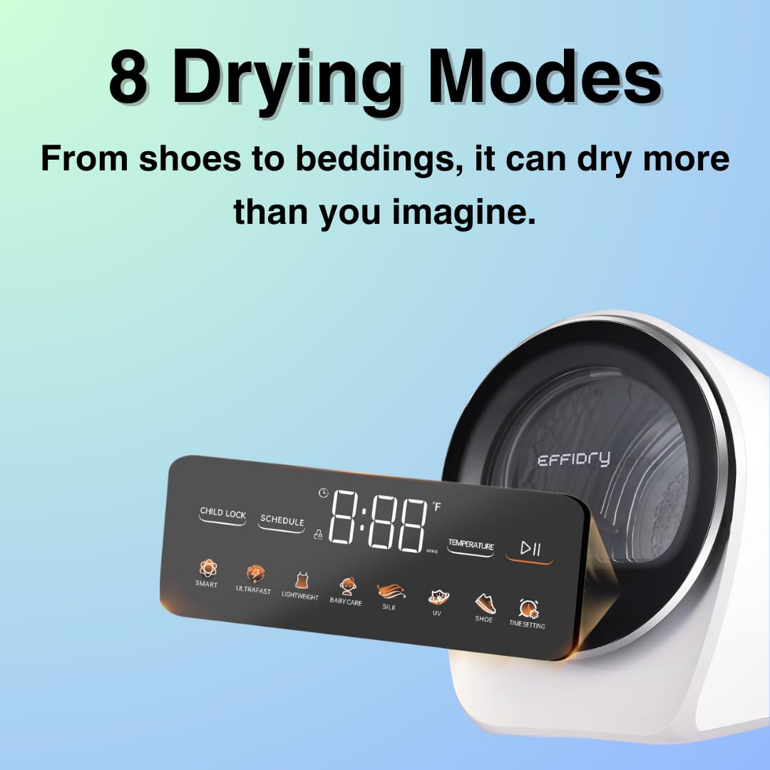 S3 Compact Dryer, capacity 1.0 cubic feet, voltage 110 volts, power 1050 watts, portable dryer, 8 drying modes, stainless steel drum, suitable for apartments and households. (white)
