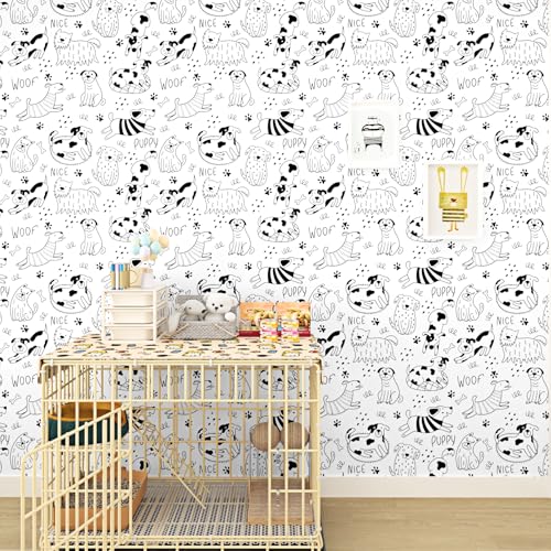 Black and White Dog Wallpaper Peel and Stick White Contact Paper Animal Nursery Wallpaper Fun Puppy Self Adhesive Contact Paper for Walls Kids Room Bedroom Cabinet Liner Dog Decor 17.5"x102"