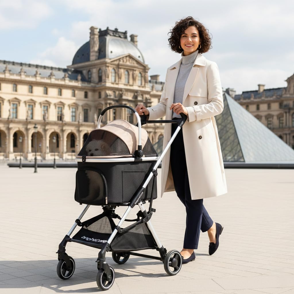 BRIGHTCARE Pet Stroller for Small Dogs & Cats Under 20 lb with Detachable Carrier, Converts to Car Seat, Ultra-Lightweight only 11lb, One Hand Fold