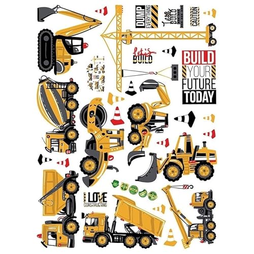 Construction Wall Stickers, Truck Digger Excavator Cartoon Engineering Car Decorative Wall Decals, Vinyl Peel Stick Decor Wall Decors for Kids Baby Bedroom Boys Room Nursery Playroom