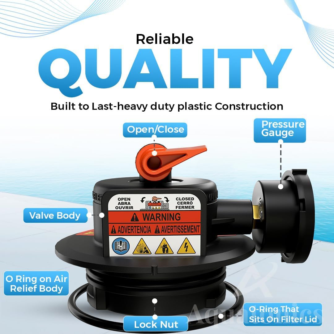 Aquatonics Replacement DEX2420MAR2 Manual Air Relief Valve Assembly with Pressure Gauge and O-Rings - Compatible with Hayward Pro Grid DE Filters, SwimClear Cartridge Filters - 1 Year Warranty