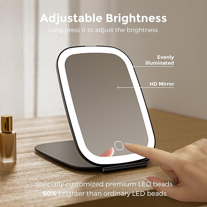 Rechargeable Travel Makeup Mirror with LED Light, 3 Lighting Modes, 7x5 Inch Foldable Vanity Mirror for Desk or On The Go, Black