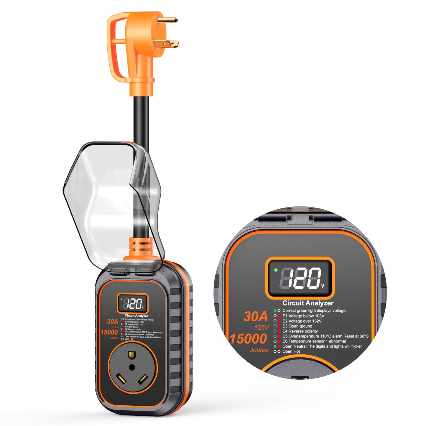 GEARGO 𝟐𝟎𝟐𝟔 𝐍𝐄𝐖 30 Amp RV Surge Protector, 15000J RV Circuit Analyzer with Intelligent LED Display, IP68 RV Adapter Plug with Waterproof Cover for Camper Travel Trailers
