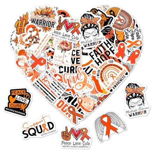 50 Pack Pcs Multiple Sclerosis Awareness Orange Ribbon Stickers for Water Bottles Waterproof Vinyl Laptop Luggage Inspirational Sticker Packs Adults Teens Aesthetic Small Decals