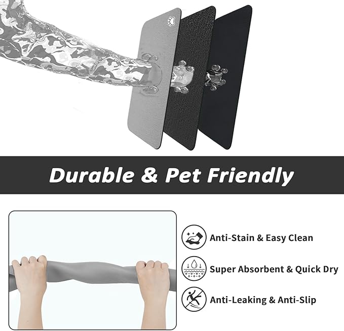 Dog Food Mat - Absorbent Cat Mat for Food and Water, No Stains Pet Feeding Bowl Mat, Easy to Clean Pet Placemats, Quick Dry Dog Water Dispenser Mat for Messy Drinkers | Paw Grey 16"x 24"