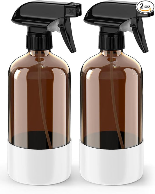Bontip Glass Spray Bottle with Silicone Sleeve Protection, Amber Glass Spray Bottle Set for Window Cleaner Aromatherapy Facial Hydration Watering Flowers Hair Care 2 Pack/16 oz (White, 16 oz)