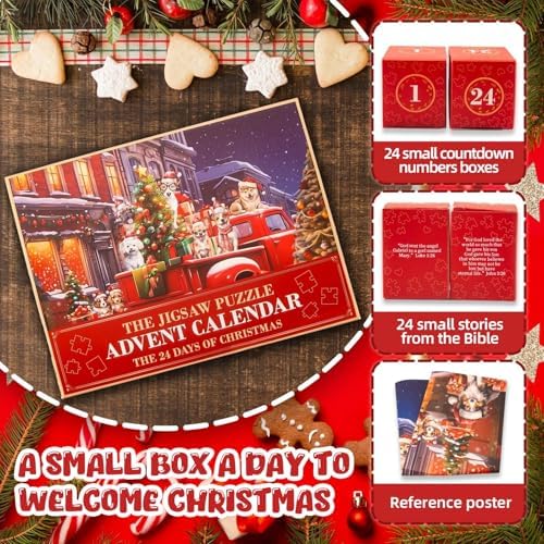 2025 Christmas Advent Calendar Gift Jigsaw Puzzle Countdown 24 Days of Christmas Family Craft Project 1008PCS, Christian Countdown Ideas for Adults and Kids, Holiday Home Supplies Decors Dog