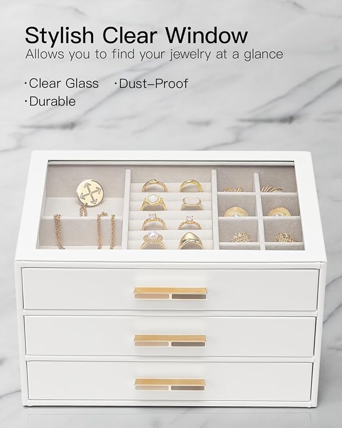 Vlando Jewelry Box for Women, Glass Lid Jewelry Organizer with 3 Drawers for Necklaces Rings Earrings Bracelets Christmas Gift - White