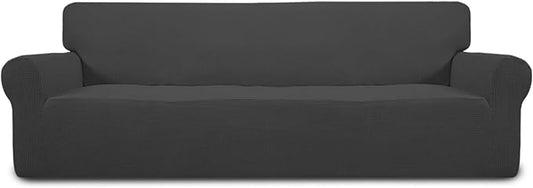 Easy-Going Stretch 4 Seater Sofa Slipcover 1-Piece Sofa Cover Furniture Protector Couch Soft with Elastic Bottom for Kids, Polyester Spandex Jacquard Fabric Small Checks Dark Gray