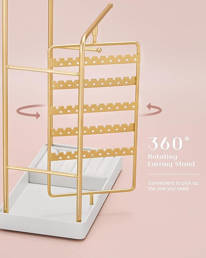 ProCase Jewelry Stand Holder Organizer, Jewelry Display Storage with Ring Tray, No-Assembly, Rotating Earring Bracelet Necklace Holder,Valentine's Gifts Room Dorm Decor for Teen Girls -Gold