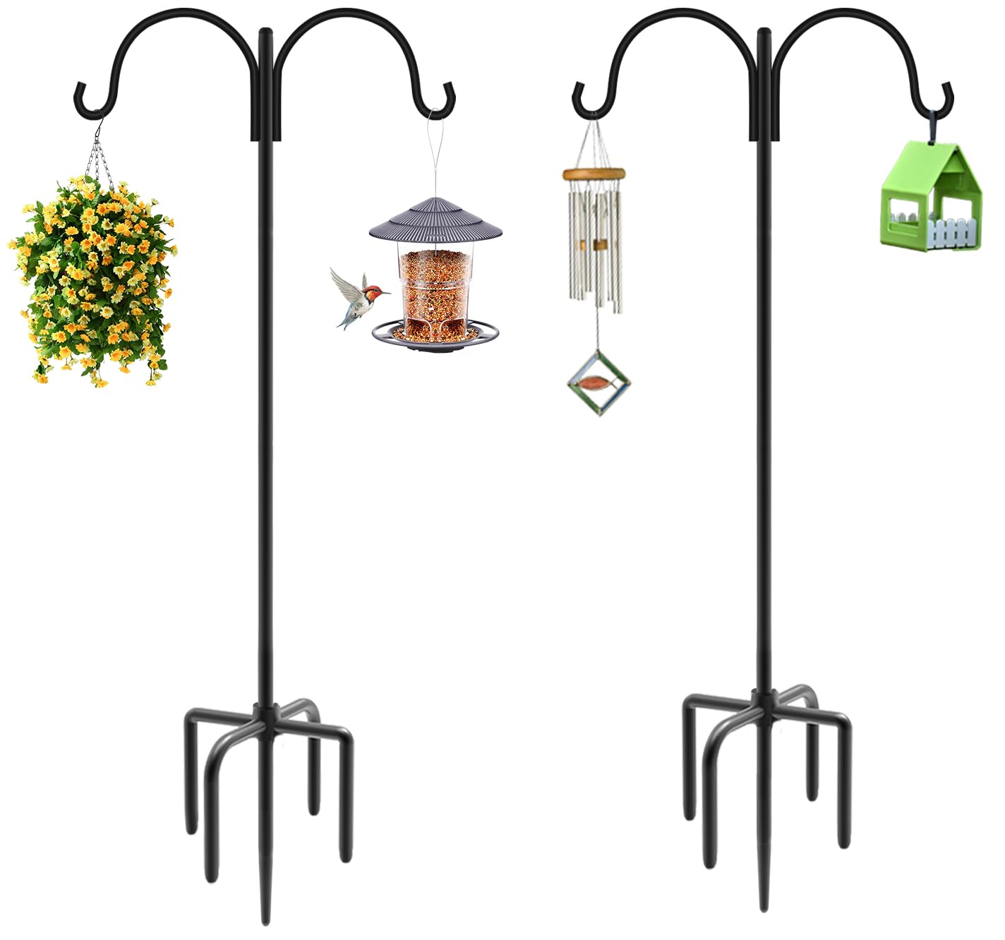 Artibear Double Shepherd Hooks for Outdoor, 76" Heavy Duty Bird Feeder Hangers Garden Hooks with 5-Prong Base, Outside Hanging Pole for Plant Baskets, Solar Light Lanterns, Wind Chimes, 2 Pack