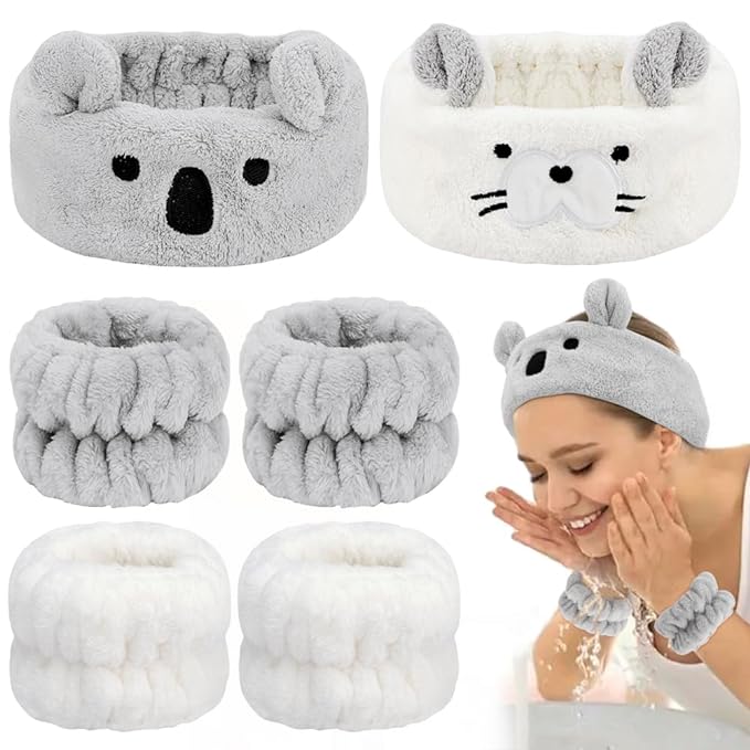 AHONEY Face Wash Headband and Wristband Set, Cute Makeup Spa Skincare Headbands Wrist Bands for Washing Face Headband for Women Girls Elastic Animal Hair Band (White&Grey)