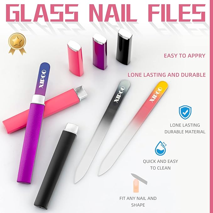 XIPOO Premium Crystal Glass Nail File - 3 Pack with Case, Professional Salon Manicure Tool for Natural Nails, Gift for Women and Girls