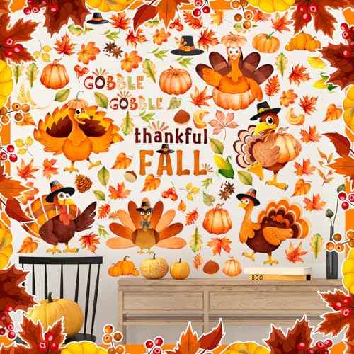 100 Pcs 6 Sheets Thanksgiving Turkey Wall Sticker Decorations Maple Leaves Fall Wall Stickers for Fall Thanksgiving Birthday Party Autumn Leaves Window Decal Home Window Decorations