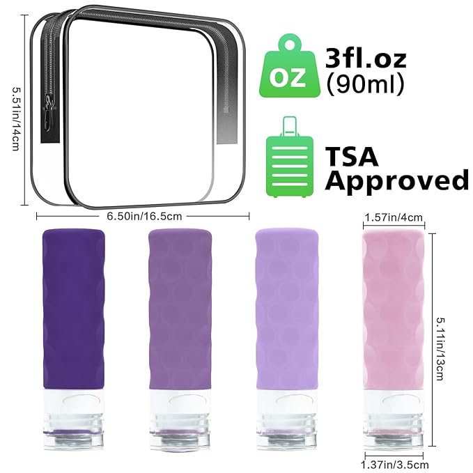 Silevoler Travel Bottles for Toiletries, 4pcs Tsa Approved 3oz Travel Size Containers, BPA Free Leak Proof Premium Silicone Bottles, Refillable Liquid Squeezable Accessories W/Toiletry Bag(Purple)